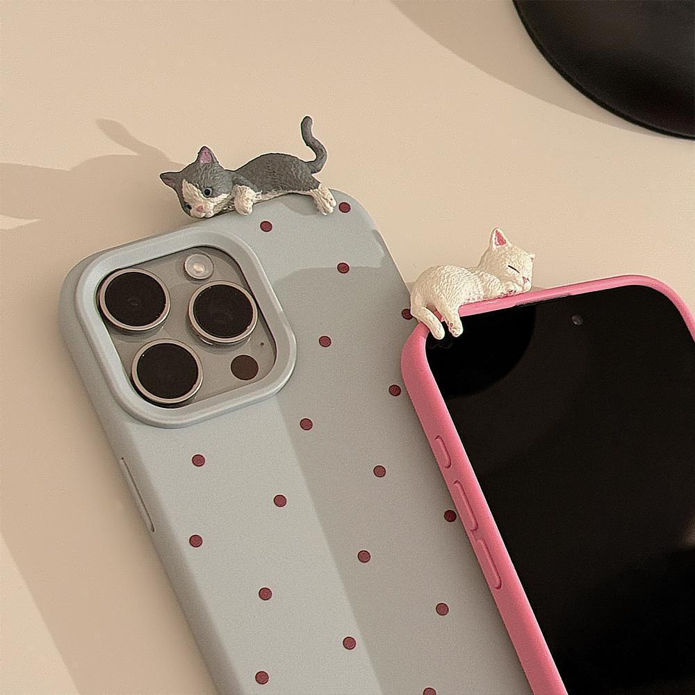 Cute 3D Lying Cat Design for IPhone 17 and Apple 15 Pro Max, Simple Polka Dot Fashion Phone Case