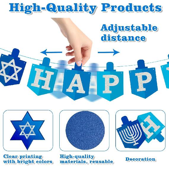 Hanukkah Decorations Banner Happy Hanukkah Banner Party DIY Decor Garland for Home Indoor Blue Glitter Supplies