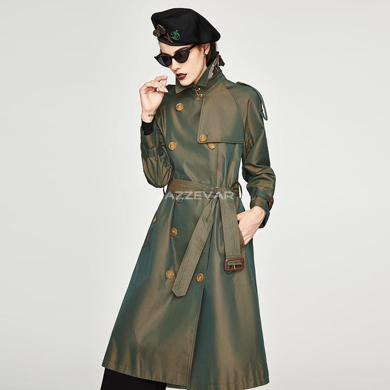 

Весенне-осенняя новая женская двубортная удлиненная ветровка цвета хаки с металлическим хамелеоном, пальто-хамелеон M