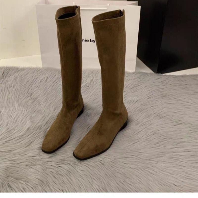 

Замшевые эластичные ботинки на грубом каблуке, но ботфорты, женская обувь, осень и зима, новые ботинки на высоком тонком каблуке с задней молнией 40 хаки