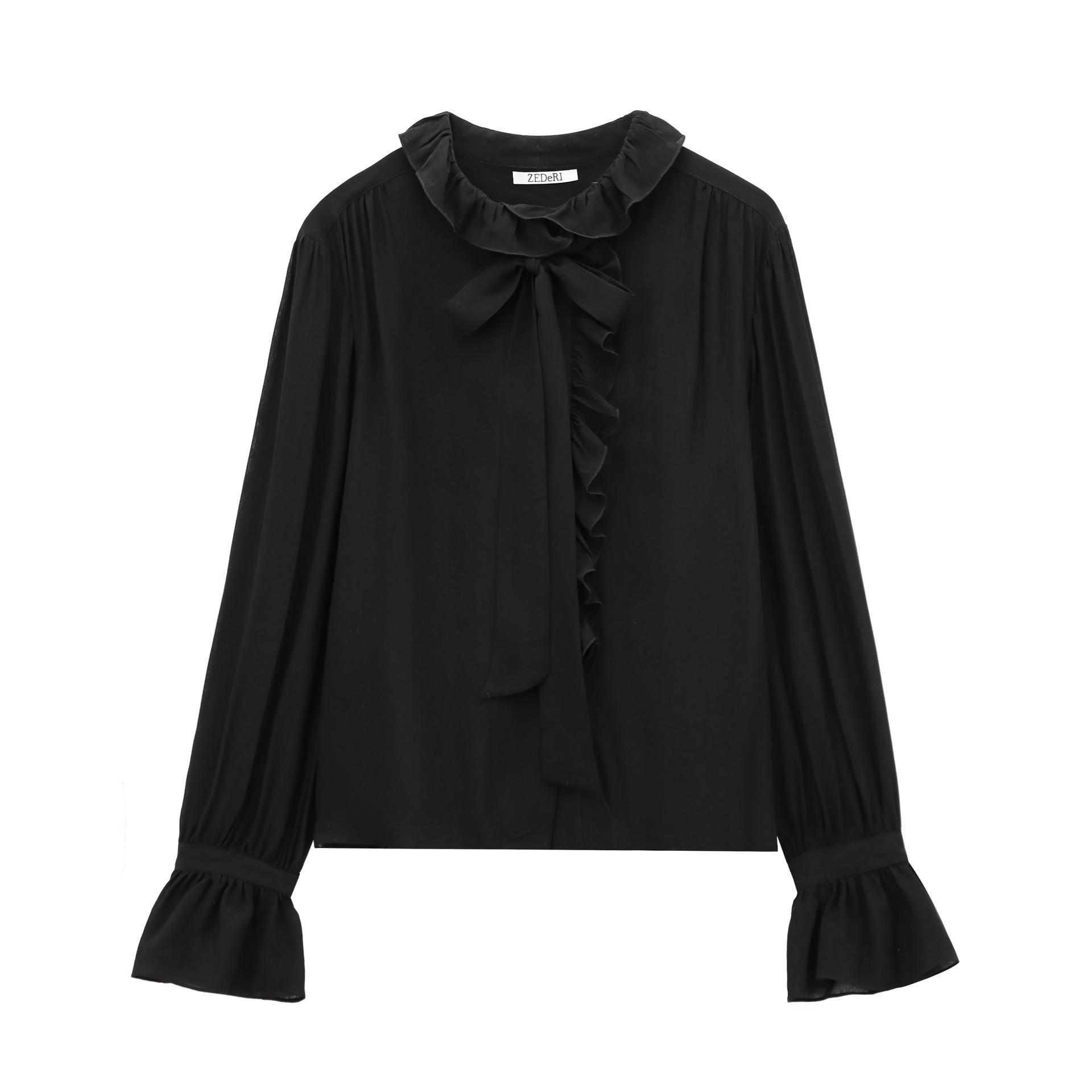 

Зима 2024 Женская рубашка в европейском и американском стиле с длинным рукавом, воротником-стойкой, оборками и завязками XS