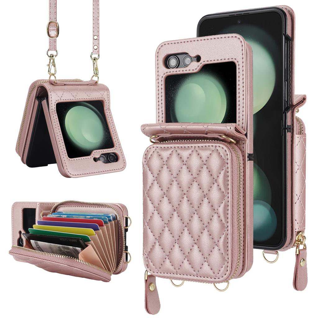Crossbody Wrist Strap Leather Phone Case for Samsung Galaxy Z Flip 5 4 3 Flip5 Flip4 Flip3 5G Zipper Wallet Card Holder Cover