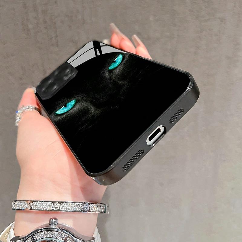 Cool Black Cat Mysterious Eyes Tempered Glass Phone Case For iPhone 17 16 15 14 13 12 11 Pro Max 17Air 16E 7 Plus XR XS X Cover