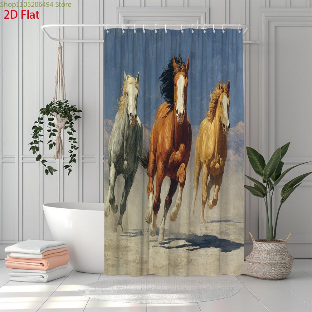 2D Flat, 2D Flat, 1Pc 2D Flat Horse Running Shower Curtain | Polyester Fabric, Vintage Art Nature Scene, Bathroom Decor, Inclu
