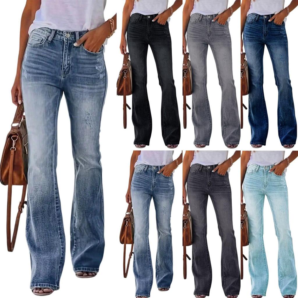 Jeans Blu Casual da Donna alla Moda, Slim Fit, a Zampa, Vita Alta, Con Tasche