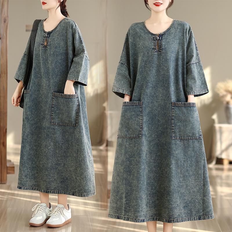 

DIMANAF Женское джинсовое платье большого размера Винтажное женское хлопковое свободное повседневное платье Макси длинное платье Осень 2XL