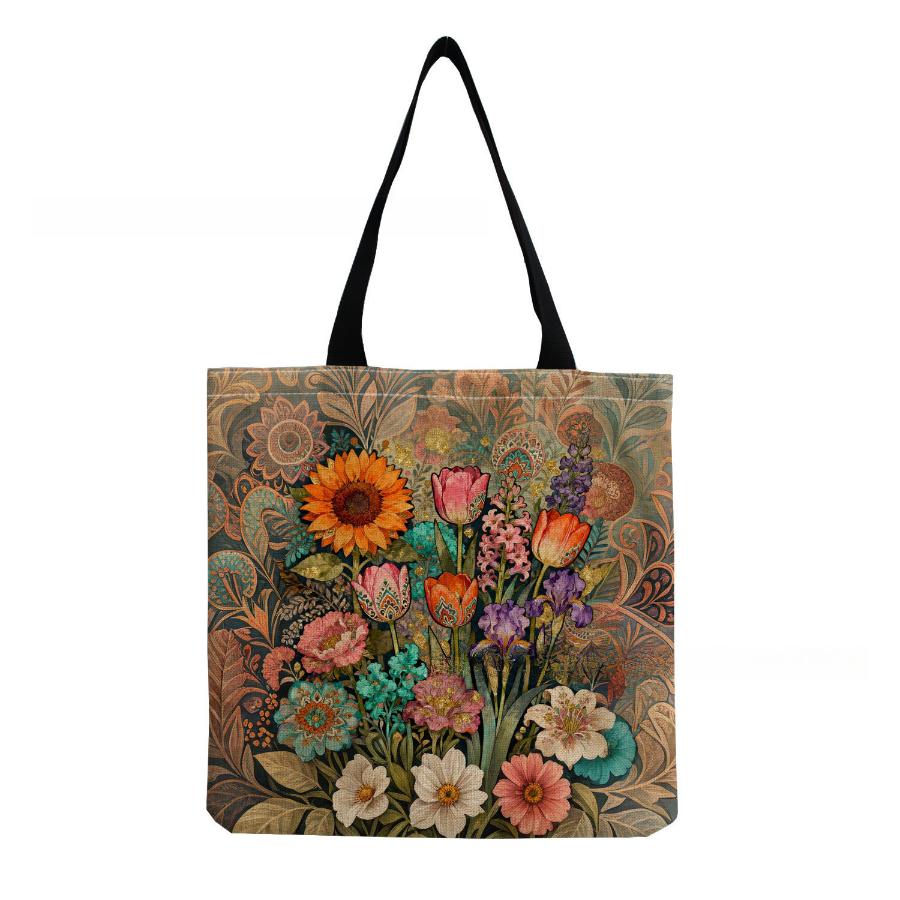Damen Vintage Leinen-Tragetasche - Große Kapazität Blumenmuster Schulter-Handtasche für Freizeit & Lebensmitteleinkauf KTB