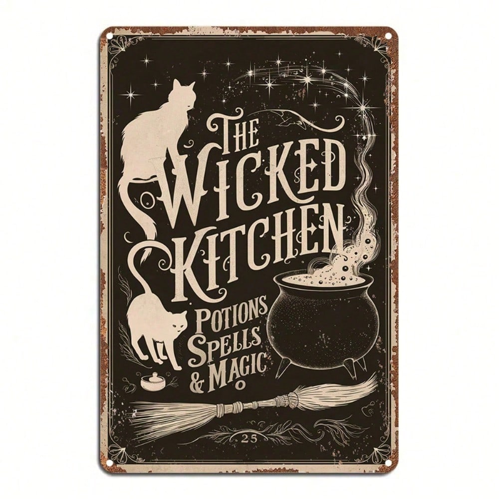 

Vintage Evil Kitchen Metal Tin Sign Halloween Decor Witch Cauldron Cat Wall Art 20x30 разноцветный