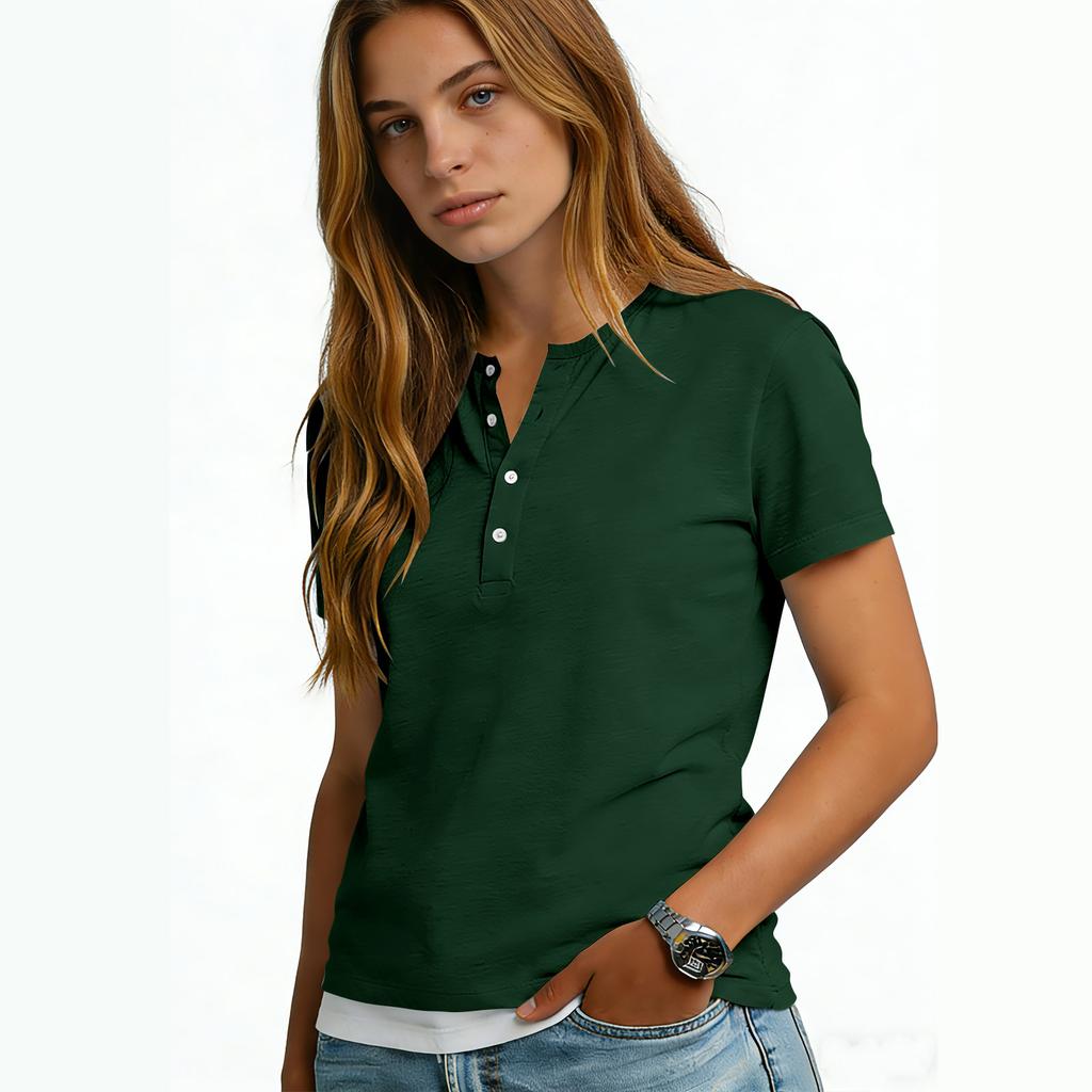 Women's Casual Color V-neck Short-sleeved T-shirt With Decorative Buttons.