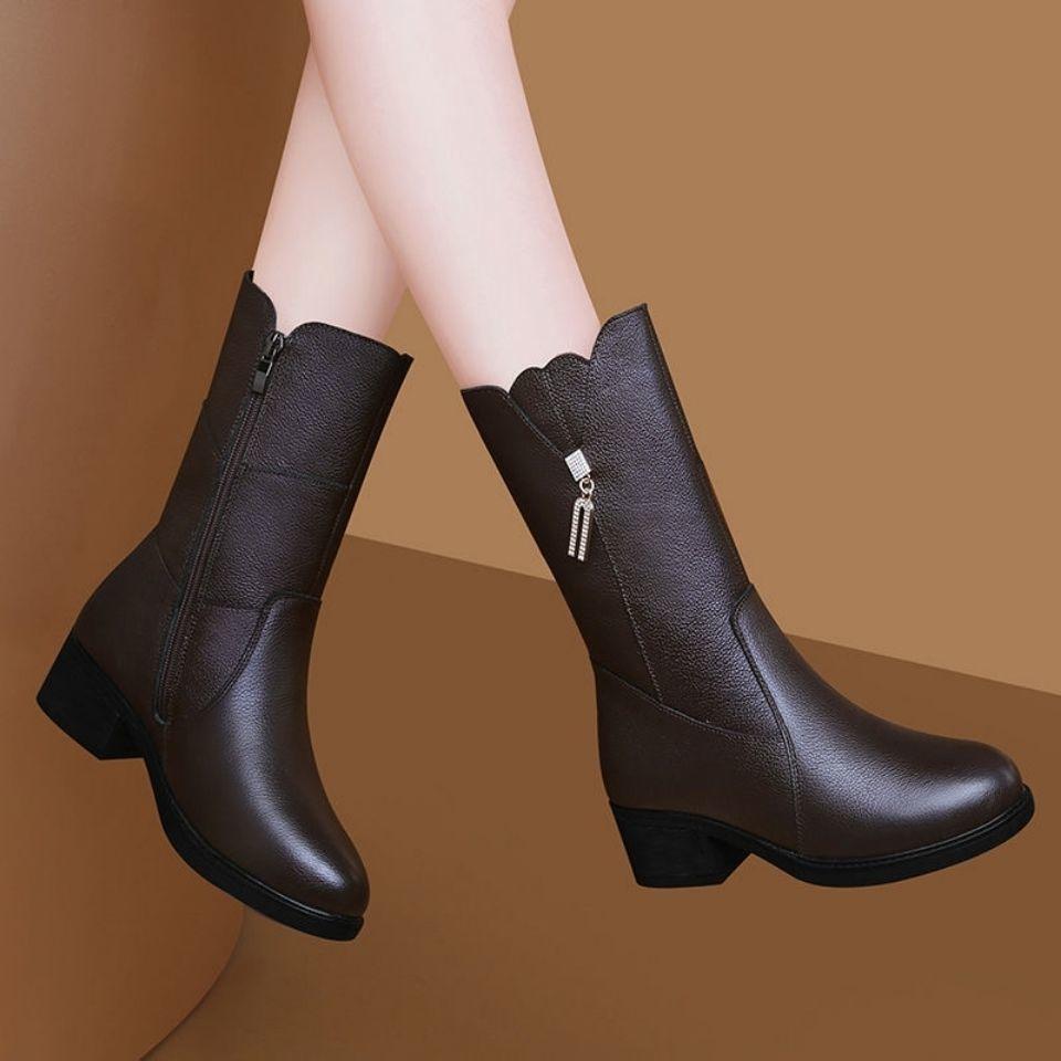 Fashion Autumn Winter Middle Heel Warm Round Toe Ladies Mid Calf Shoes Leather Rhinestone Women's Half High Boots Trend 2025 Pu Footwear