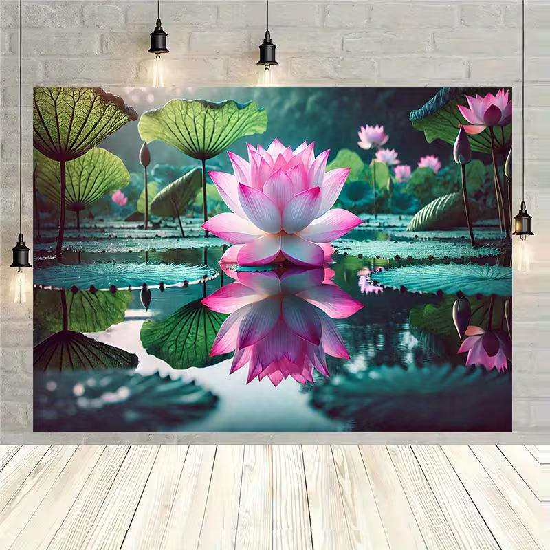 Pink Lotus Pond Tapestry, Water Lily Reflection Background Cloth, Zen Nature Wall Decor