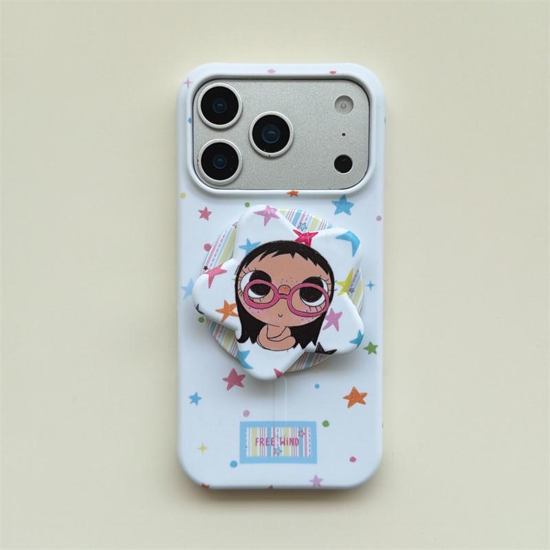 Süßes Mädchen mit großen Augen Sternenmuster Handyhülle mit Ständer für iPhone 15 16 17 Pro Max Kawaii Stoßfeste Schutzhülle
