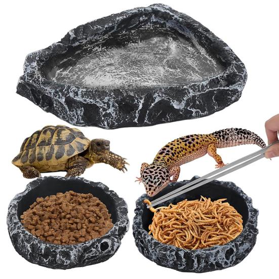 Reptile Feeding Dish Realistic Stone-Like Reptile Water Dish Food Bowl Terrarium Reptile Feeding Corner Bowl for Bearded Dragons Lizard Frog Gecko