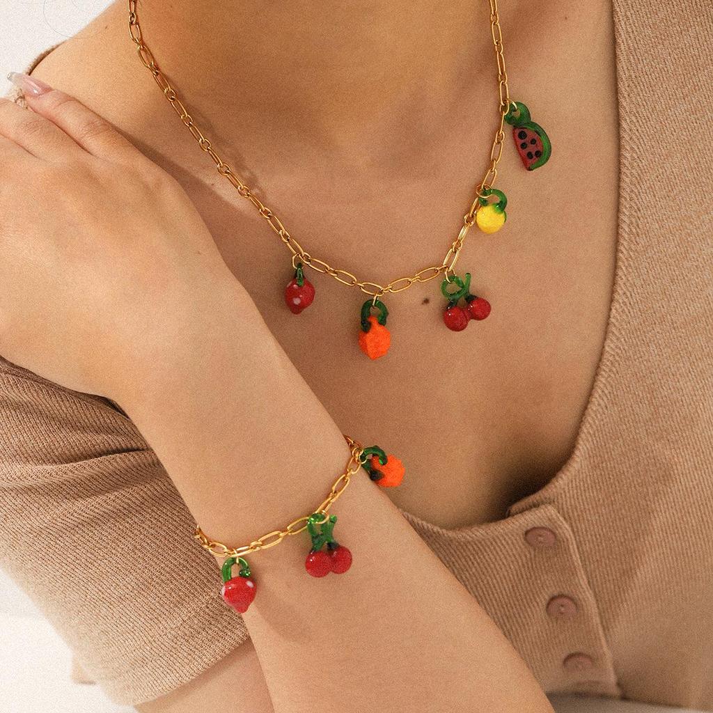 18K Vergoldete Edelstahlkette mit Fruchtanhänger und Titanstahlarmband für Damen