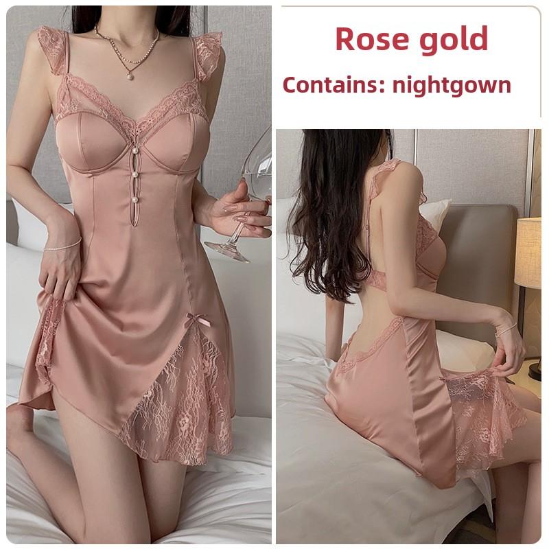 Satin Splicing Lace Perspective Sexy Deep V Plus Chest Pad Suspender Nightdress Robe Home Set
