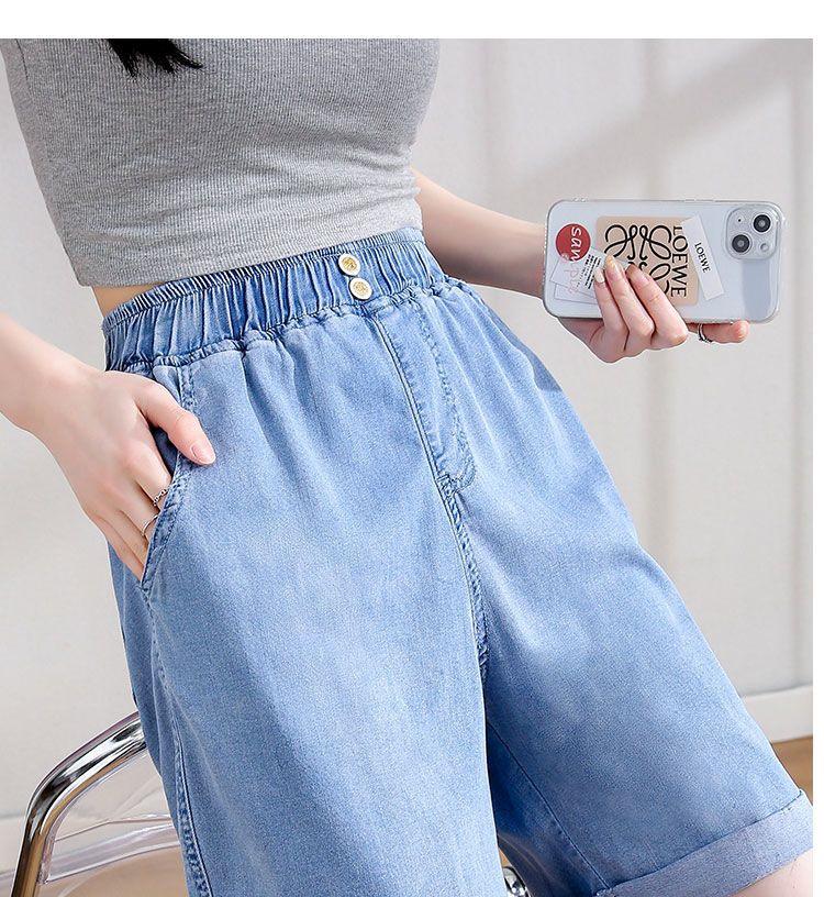 2025 Women's Plus Size Loose Ice Silk Denim Shorts - Tencel Wide Leg Mid-Length
