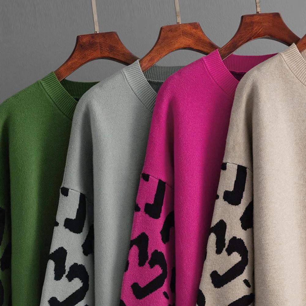 Sweater Women Leopard Printed Pullovers Loose Long Sleeve O-Neck Knitted Jumpers Warm Basics Autumn Winter Fashion Tops