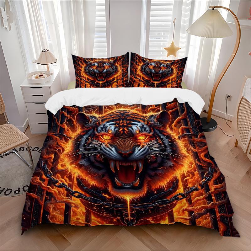 3-teiliges Steppdecken-Set mit flammendem Tiger-Design, Cartoon-Thema, Bettdecken-Set, niedliches Charakter-Schlafzimmer-Dekor, Bettdecken-Set für vier Jahreszeiten (1 Bettbezug + 2 Kissenbezüge