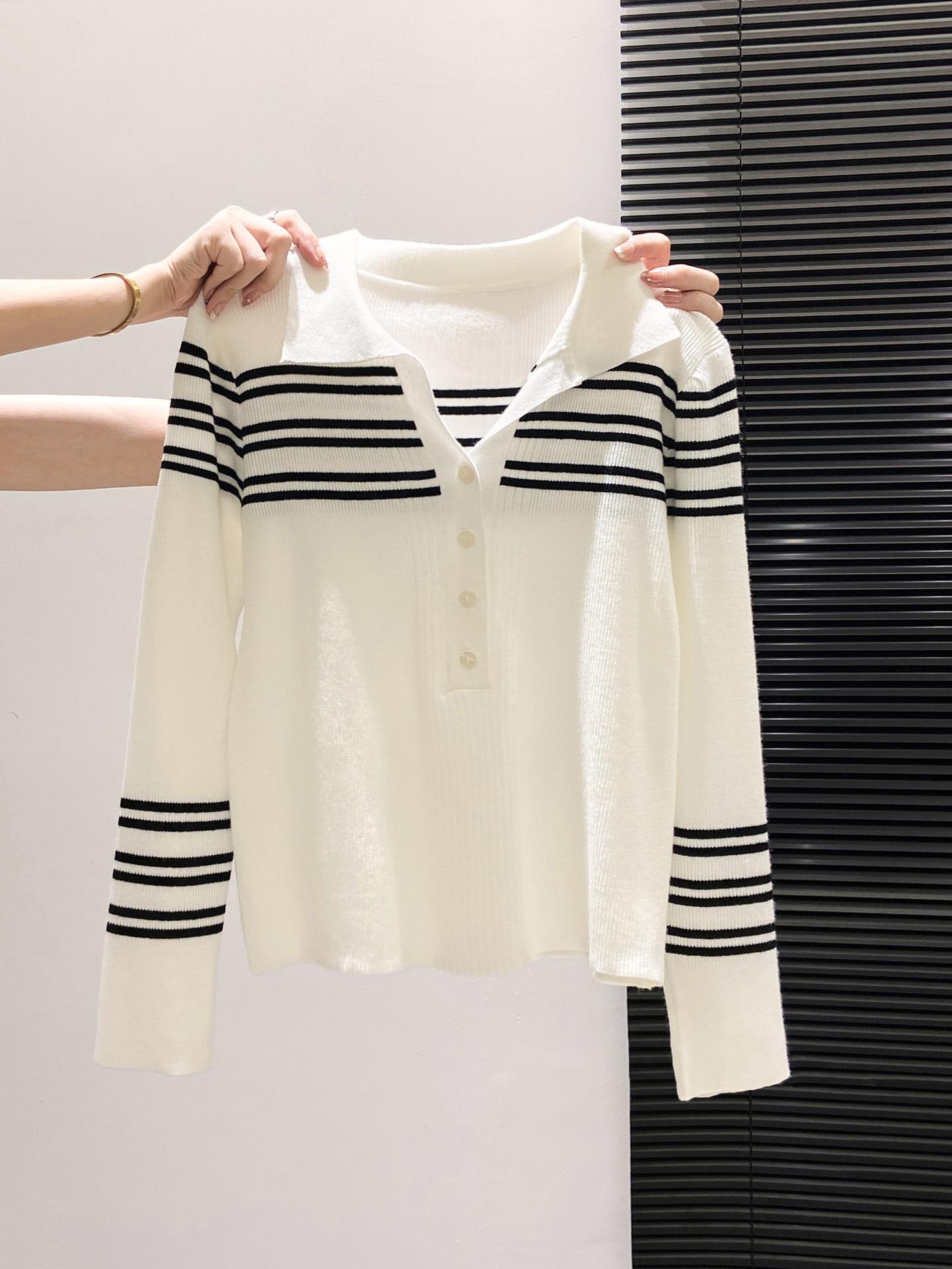 

Black and white contrasting stripes polo lapel long-sleeved shirt women s spring and autumn slim-fit temperament knitted top cardigan L білий