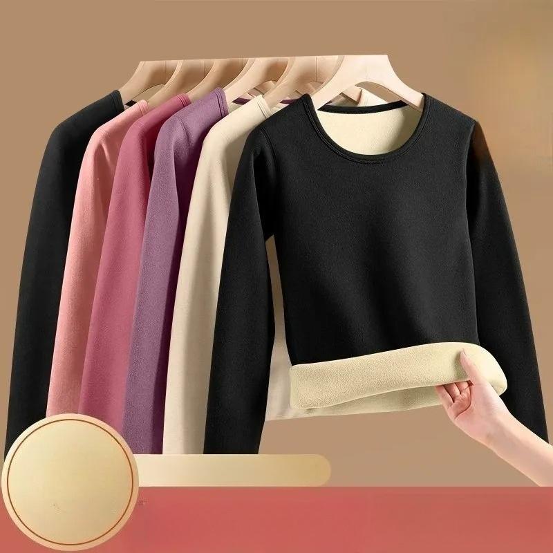 Women's Autumn Winter Round Neck with Velvet Lining Sweater Thickened Wear Thermal Clothes Long-sleeved T-shirt Bottoming Shirt