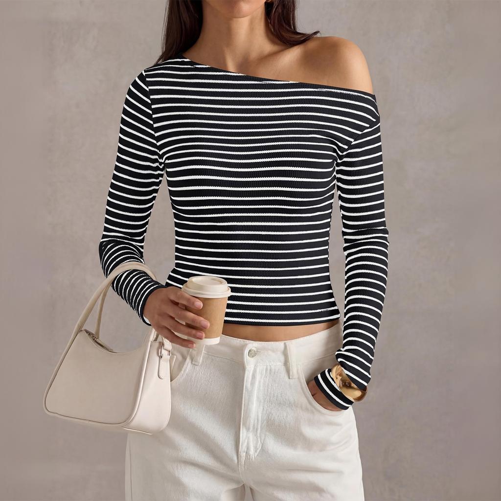 Women Long Sleeve Striped Ribbed Knit Top Off Shoulder Casual Slim Fit Lightweight Sweater Stretchy Pullover Shirt