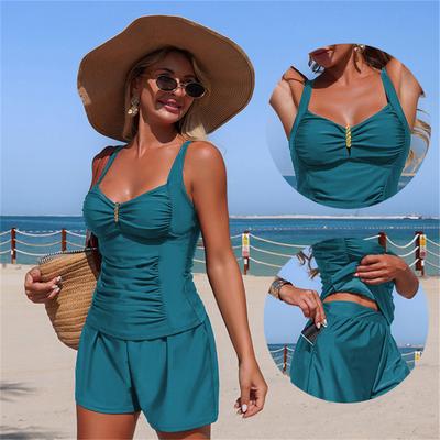 Set Tankini Arricciato Estivo con Spalline Sottili e Tasche, Pantaloncini a Gamba Larga, Modellante, Due Pezzi, Costumi da Bagno per Vacanze al Mare