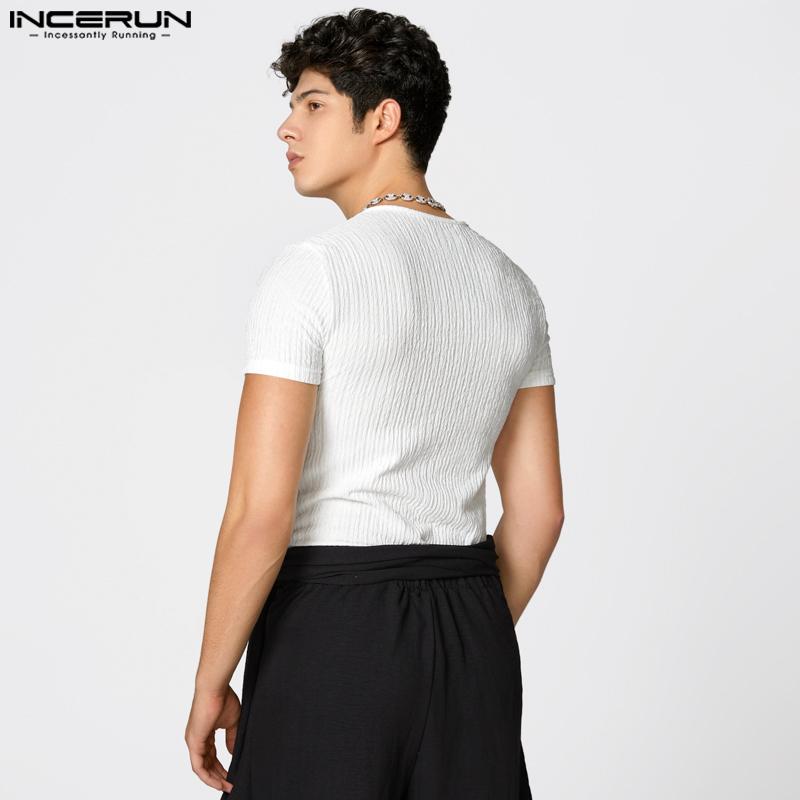 INCERUN Summer Men Square Collar Texture Fitted Casual T-shirts Tops Undershirts