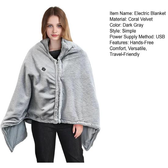 USB Heated Shawl Blanket 2-in-1 Wearable Electric Wrap with Zipper Quick Heat Wireless Heating Shawl for Office Travel Home Use