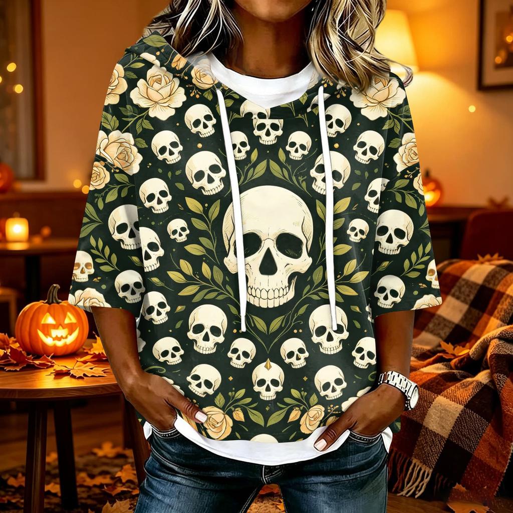 Women's Halloween Print Hooded Top, Loose Fit Casual 3/4 Sleeve Pullover Shirt