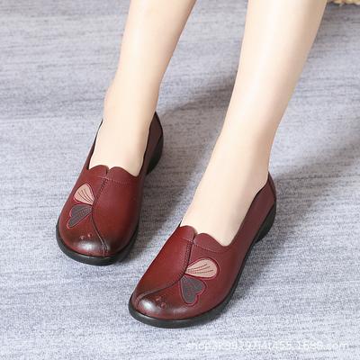 Spring Autumn Season New Shallow Mouth Casual Shoes Round Head Embroidered Shoes Middle and Elderly Soft Sole Women's Flat Shoes