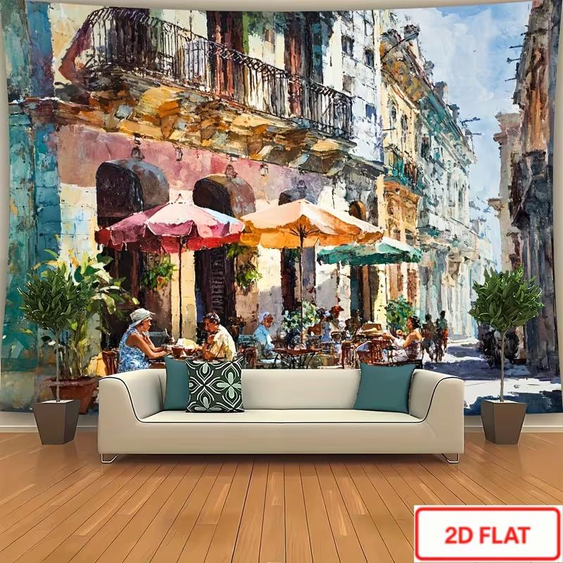 2D European Street Cafe Oil Painting Tapestry, Mediterranean Town Wall Hanging 47.2x31.5inch/120*80cm