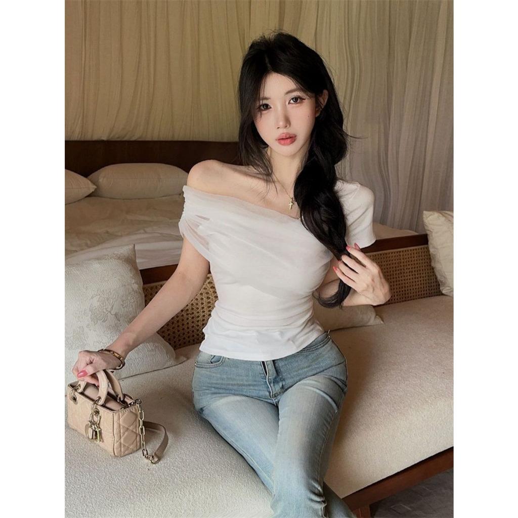Spice girl pure desire wind mesh splicing splicing slanted shoulder short sleeve T-shirt women's summer slim foreign style chic top ins tide