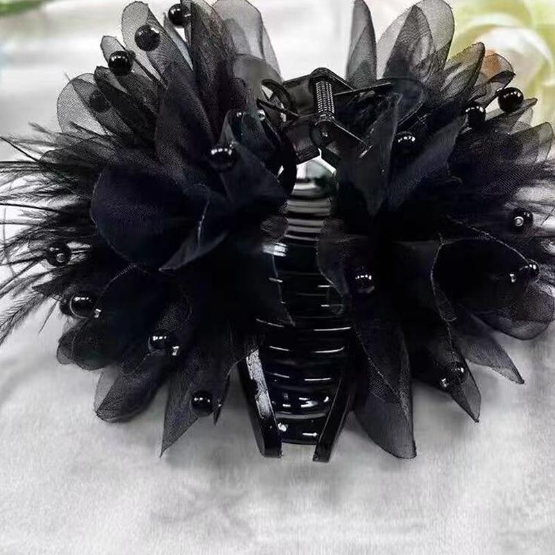Korean Women Mesh Flower Hair Accessories Organza Pearls Black Feather Grip Shark Hair Clip Headwear