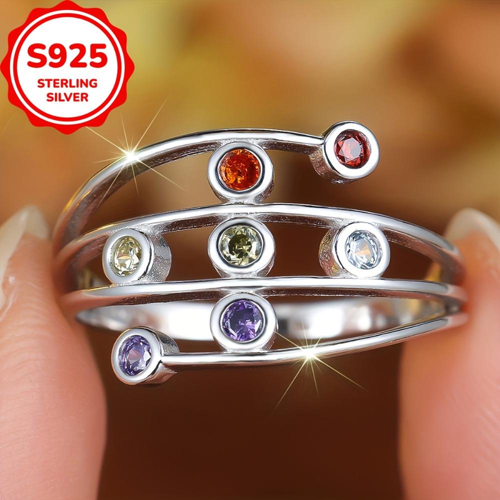 S925 Sterlingsilber Bunte Runde Zirkonia Ringe für Frauen Kreativer Attraktiver Partyschmuck