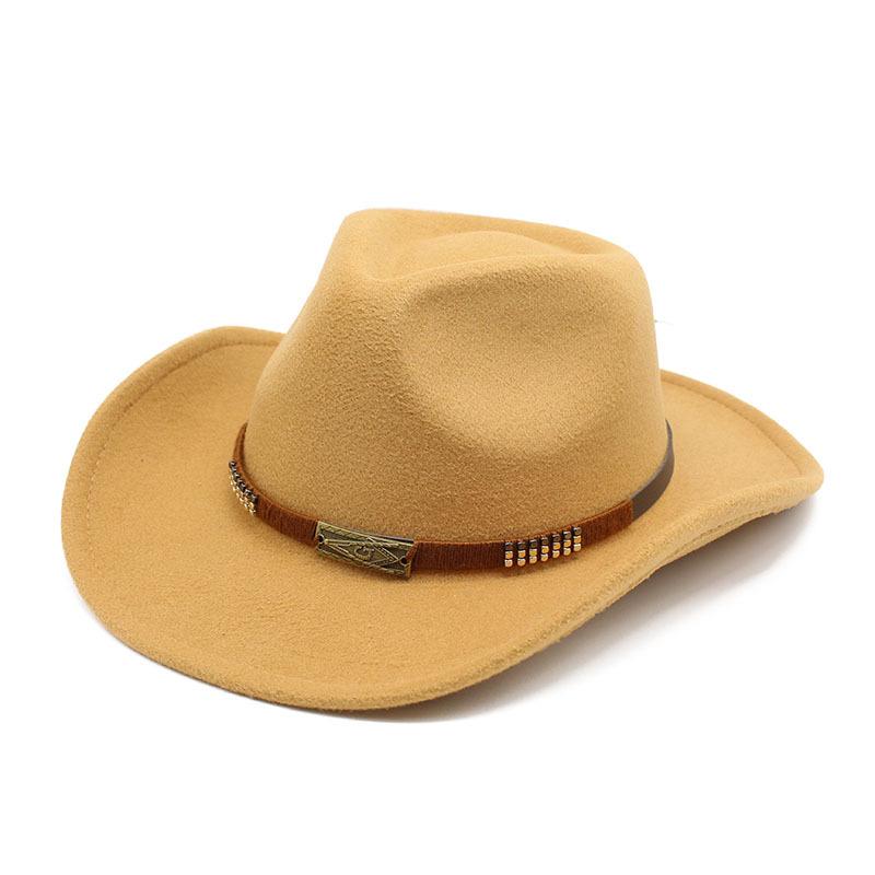 Warm Casual Versatile Coffee Belt Men'S And Women'S Woolen Western Cowboy Hat Big Edge Shading Hat