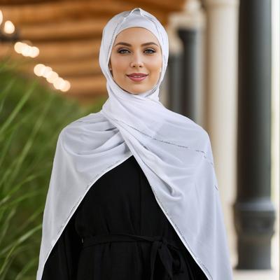 Hot-selling New Solid Color Monochrome Pearl Chiffon Wide Stripe Chain Hot Diamond Long Towel Popular Headscarf Women
