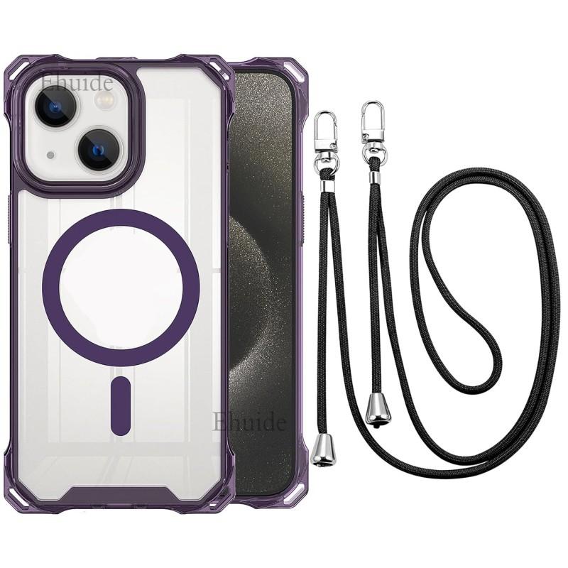 Shockproof Strap Case For iPhone 16 15 13 12 17 14 Pro Max Plus 16E Magnetic Crossbody Lanyard Cord Transparent Clear Back Cover