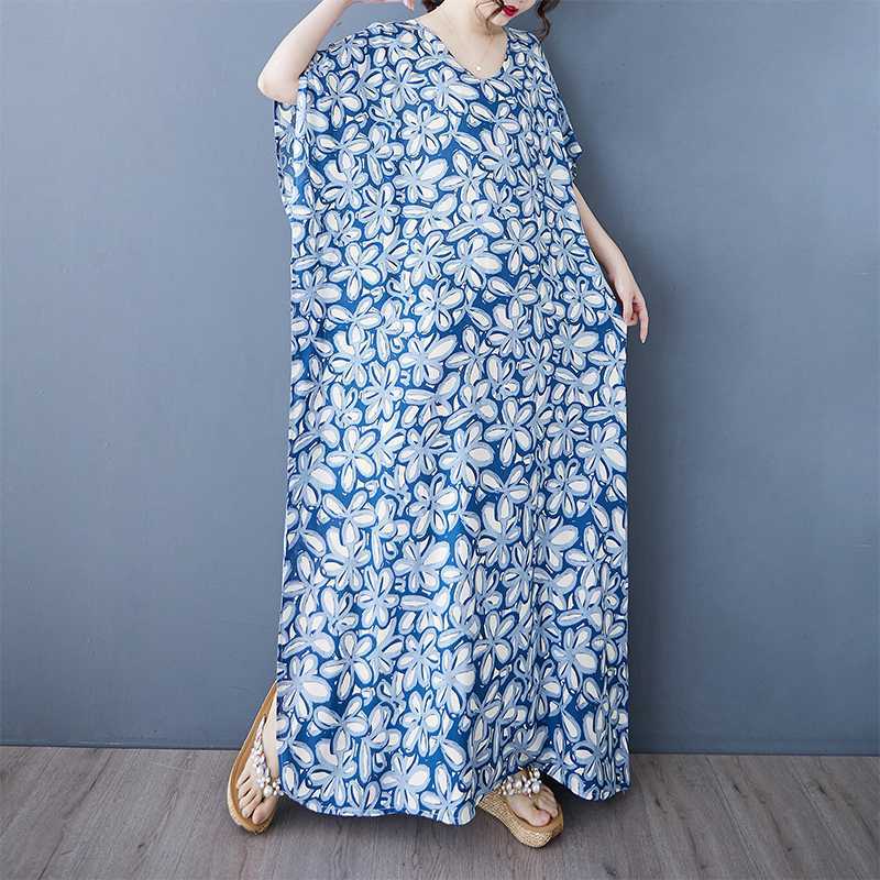 

Летнее литературное платье с V-образным вырезом, рукавами-фонариками, свободного кроя, длинное, женское, богемное, повседневное, платье для внешней торговли 3XL синий