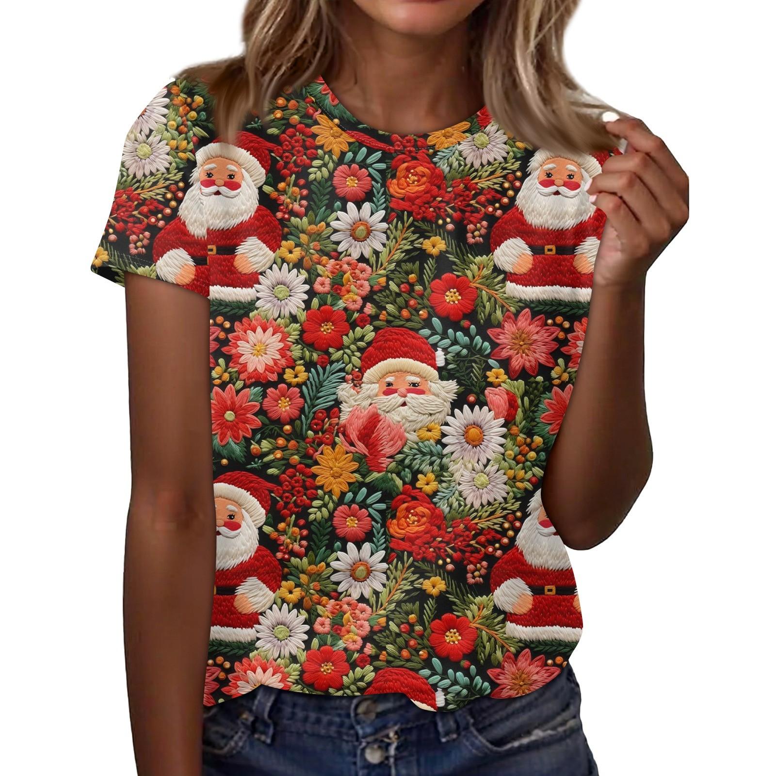 

Женский повседневный рождественский принт с короткими рукавами и круглым вырезом, свободный пуловер, топ XL красный