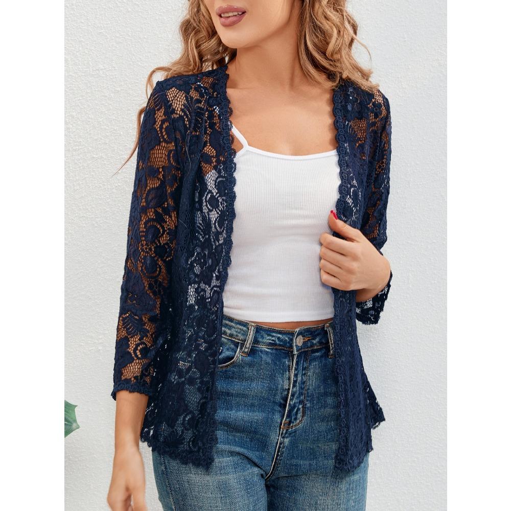 Nový volný a všestranný plus-size krajkový top s ochranou proti slunci a průsvitným kardiganem s výstřihem