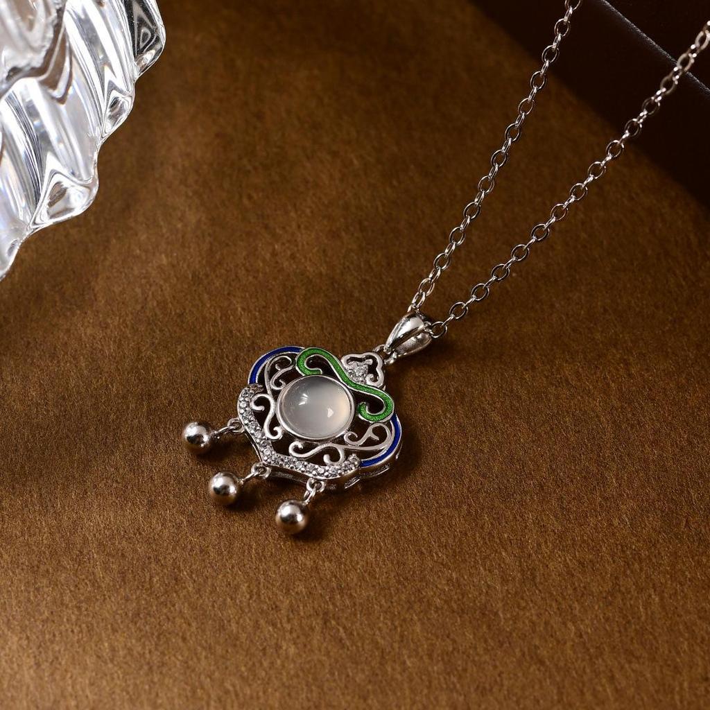 Sterling Silver Chalcedony Necklace with Auspicious Cloud Design