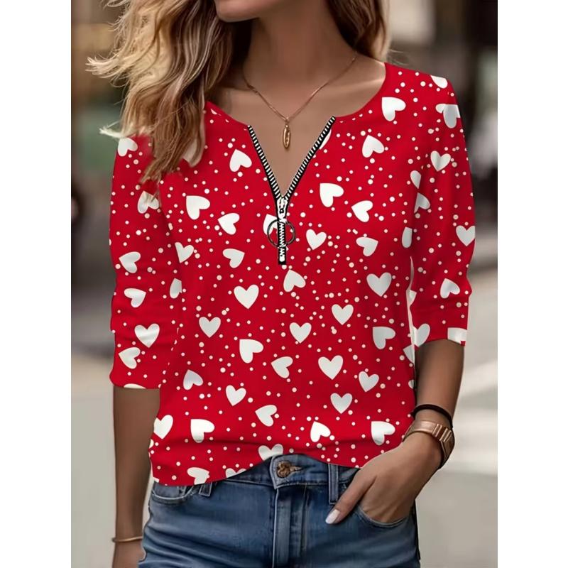 T-shirt da donna con stampa creativa, zip e maniche lunghe, traspirante, morbida e confortevole, adatta per l'abbigliamento casual tutto l'anno