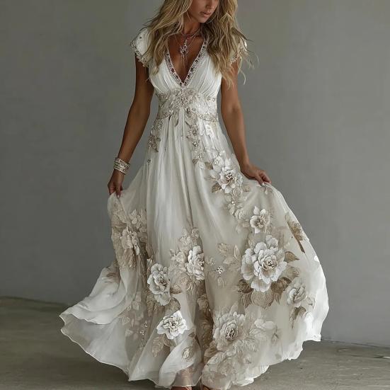 Summer Floral Maxi Dress for Women Short Sleeve V Neck A-line Swing Dress Floral Printed Beach Vacation Sundress
