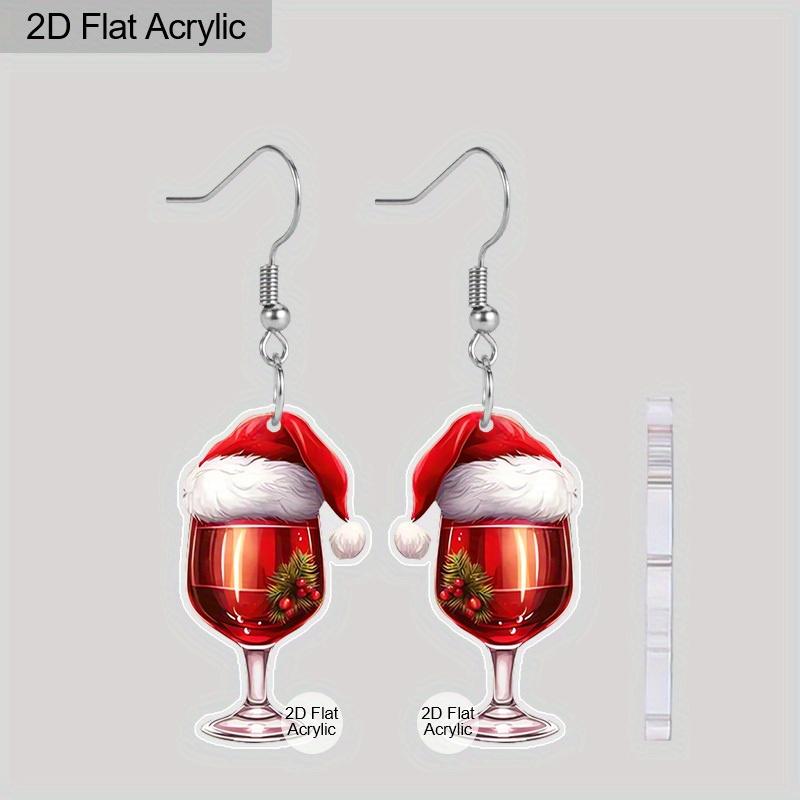2D Flat 2pairs Y2K Fashion Christmas Hat Heart-Shaped Wine Glass Acrylic Dangle Earrings, Perfect Gift for Women, Christmas Party Jewelry