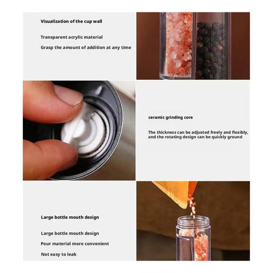 2-in-1 Salt And Pepper Grinder Set Adjustable Coarseness Manual Spice Mill with Glass Jar Stainless Steel Refillable Kitchen Shaker Bottle