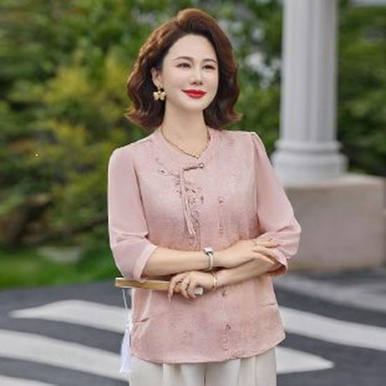 2026 Summer New Chinese Style Seven-Sleeve Top for Middle-Aged & Elderly Women - Stylish, High-End Feel Mom s Summer Shirt 5XL розовый