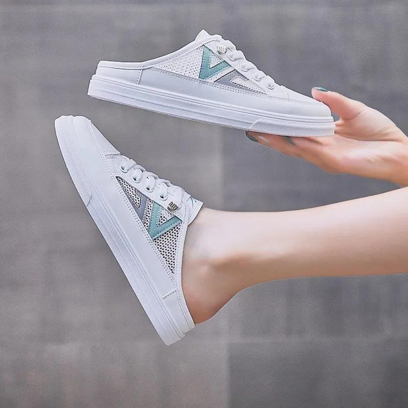 WTEMPO Damen Atmungsaktive Outdoor Mesh Schuhe Frühling Sommer Einfache Weiche Sohle Baotou Flache Feste Beiläufige Halbe Hausschuhe