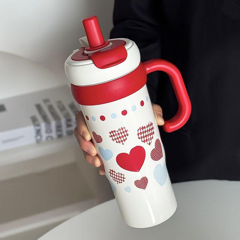

Large-Capacity Thermos Cup for Women, Good-Looking Ice Cup, Portable Car Coffee Cup, Outdoor Sports Water Bottle, Tea Cup Love Red (900ml + Stainless Steel Liner)