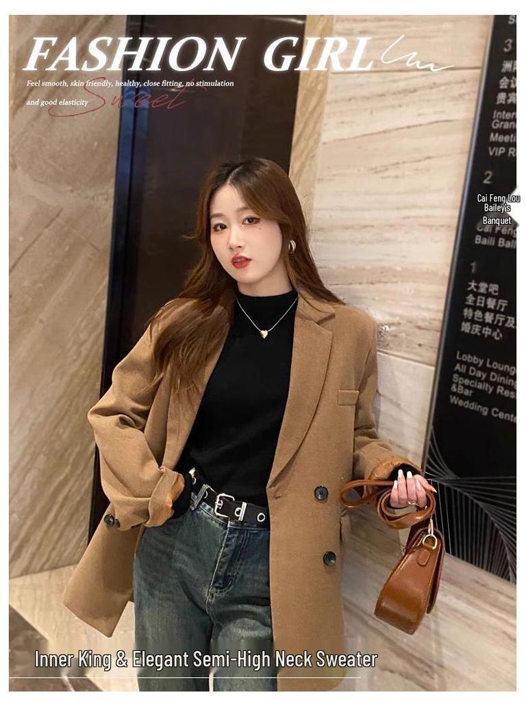 Women's 2024 Black Mock Neck Sweater: Base Layer for Spring & Autumn, Loose Half-High Neck Top.