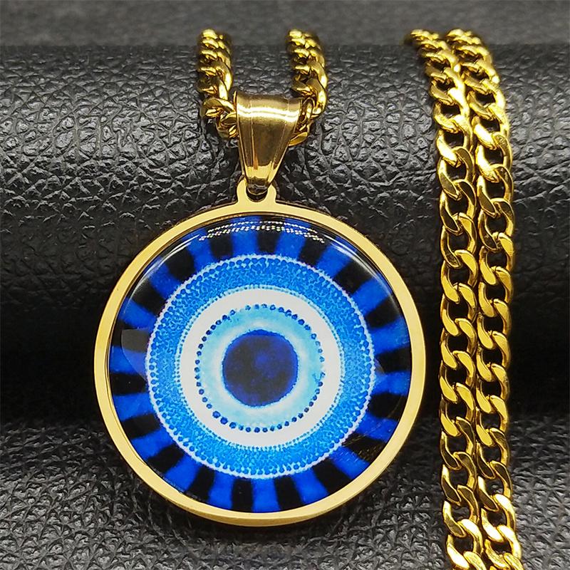 Blue Evil Eye Stainless Steel Round Glass Medal Necklaces Chain Men Women Gold Color Turkish Eye Necklace Amulet Jewelry Gift